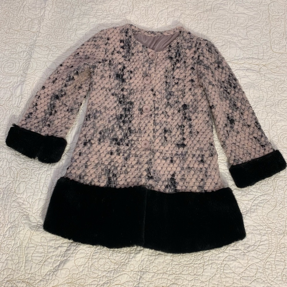 Chunky Knit Pink Mohair Black Faux Fur Trimmed Dress Coat Made‎ in Italy Medium